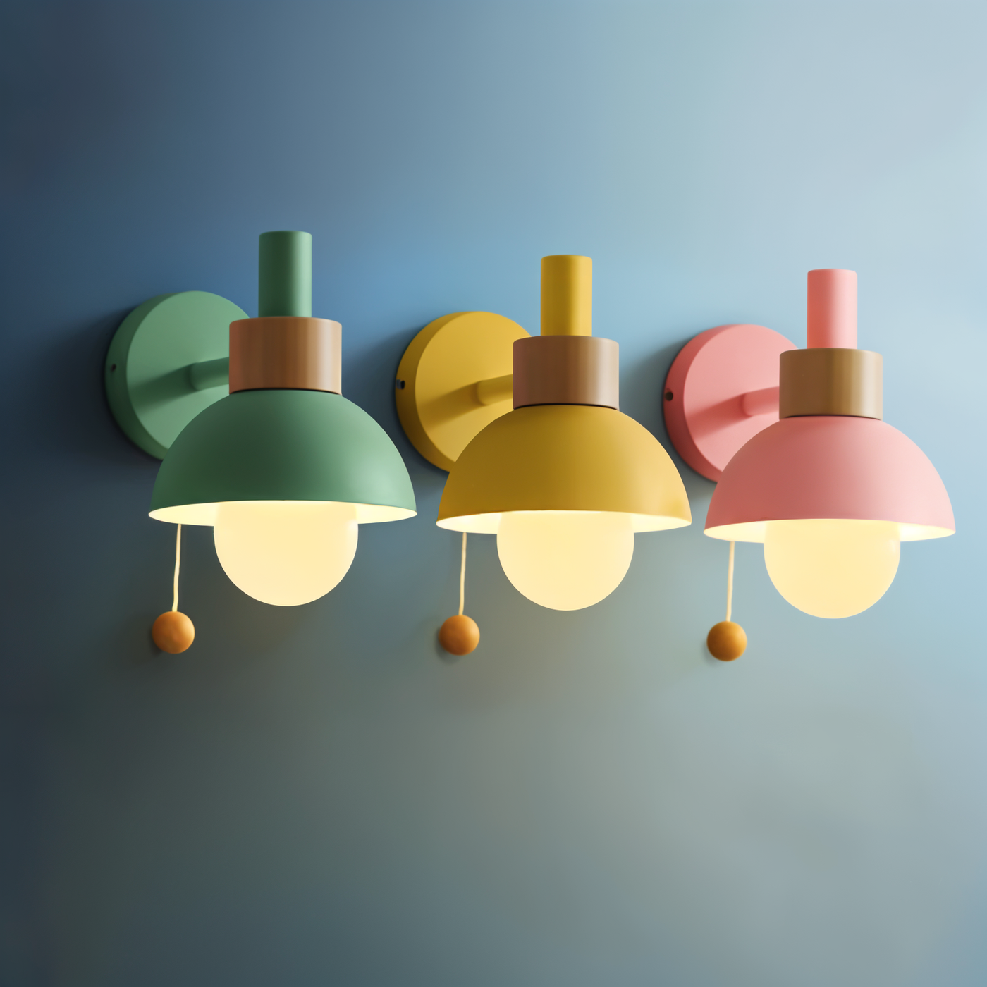Minimalist Wooden Wall Lamp with Pull Switch – Soft Pastel Modern Design