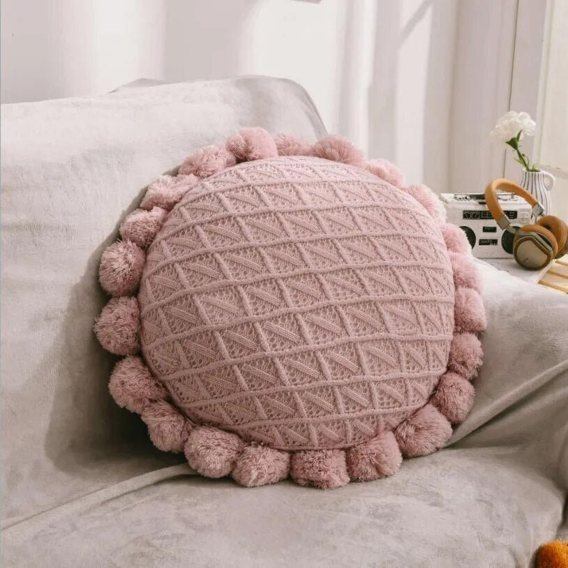 Cute Pompom Tassel Round Cosy Cushion in Acrylic Knit