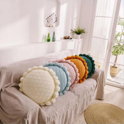 Cute Pompom Tassel Round Cosy Cushion in Acrylic Knit