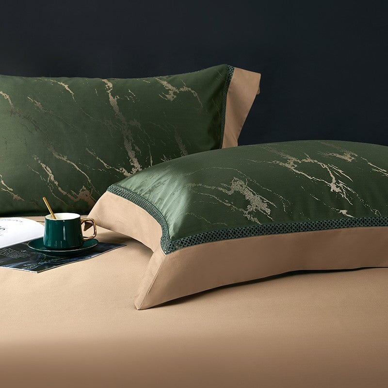 Emerald Opulence Duvet Cover Set – 1000 TC Cotton & Satin with Luxurious Marble Design