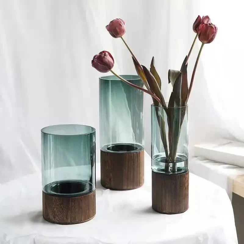 Hydroponic Wood & Glass Vase for Stylish Home Decor