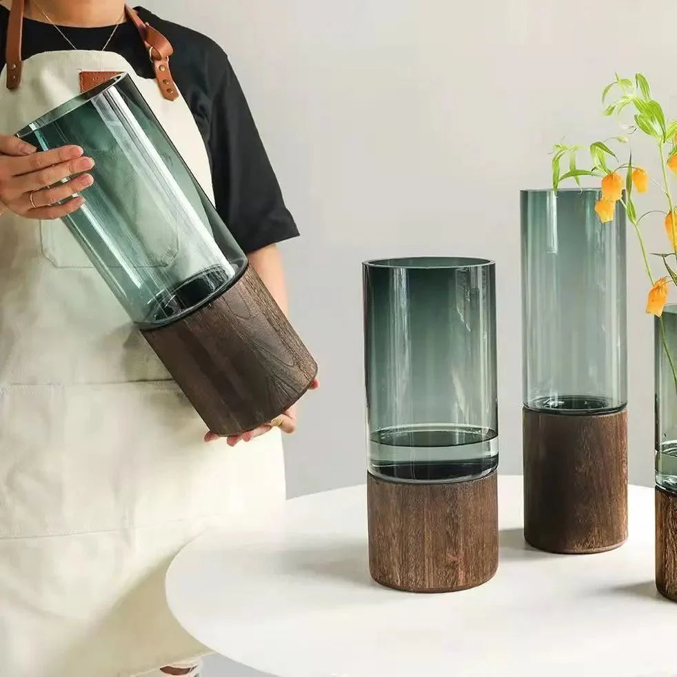 Hydroponic Wood & Glass Vase for Stylish Home Decor