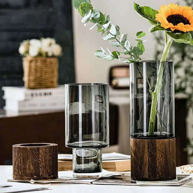 Hydroponic Wood & Glass Vase for Stylish Home Decor