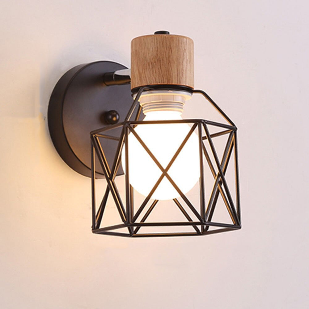 Cage Industrial Wall Bedside Lamp with Metal and Wood Design