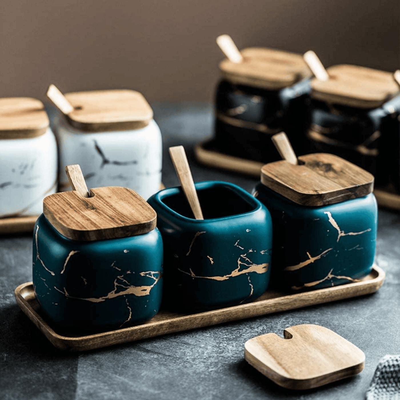 LunaMarble Spice Jar Set - Elegant Porcelain Herb Pots