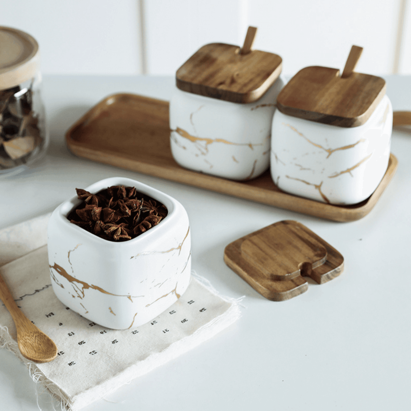 LunaMarble Spice Jar Set - Elegant Porcelain Herb Pots