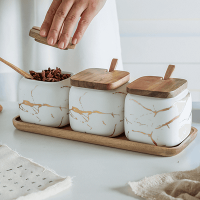 LunaMarble Spice Jar Set - Elegant Porcelain Herb Pots